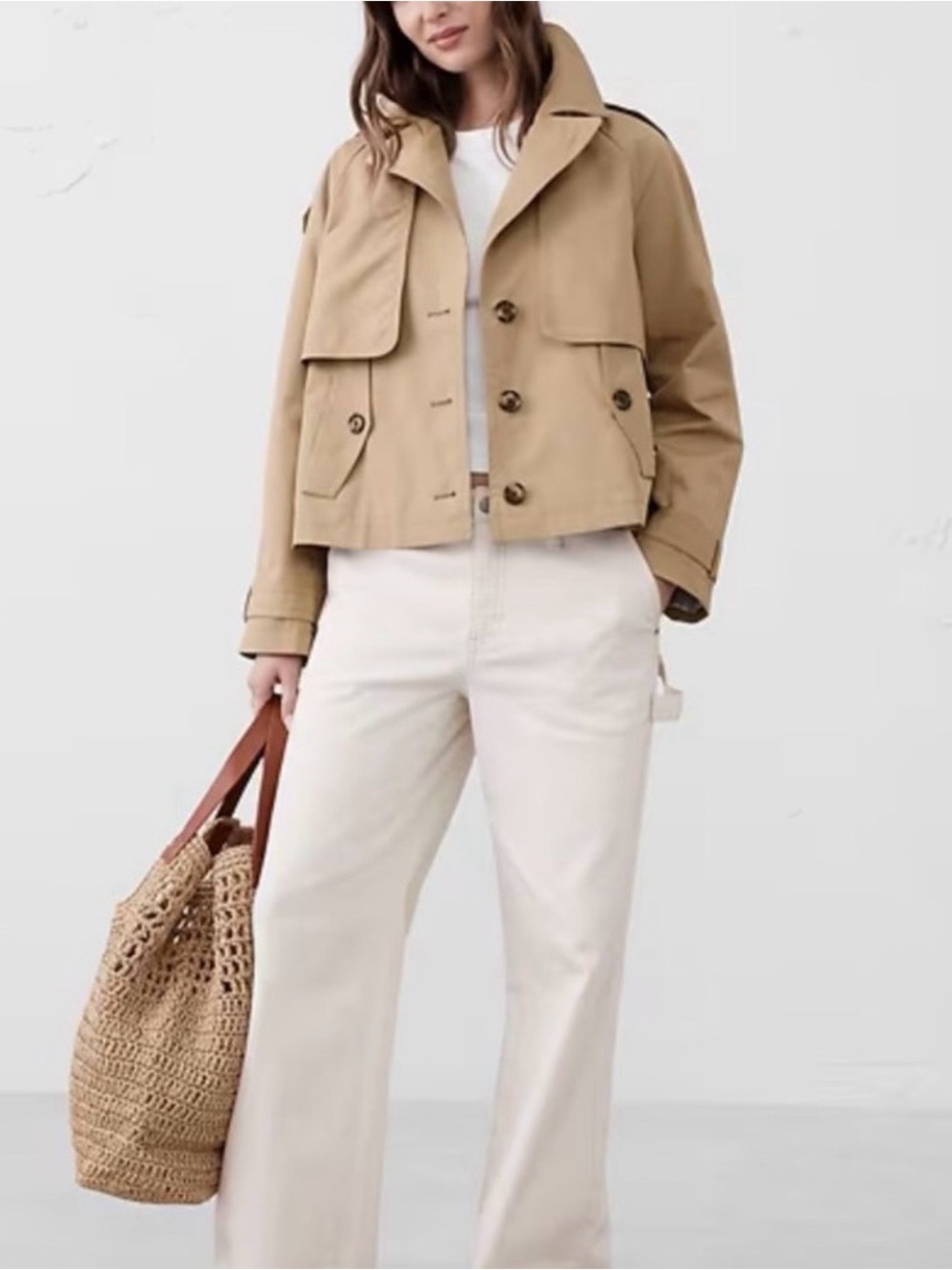 Banana Republic Cropped Tan Double-Breasted Trench Coat - Picture 2 of 11